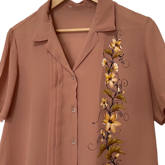 60s Vintage Hand Painted Floral Chiffon Blouse | Size M/L - Picture 11 of 14